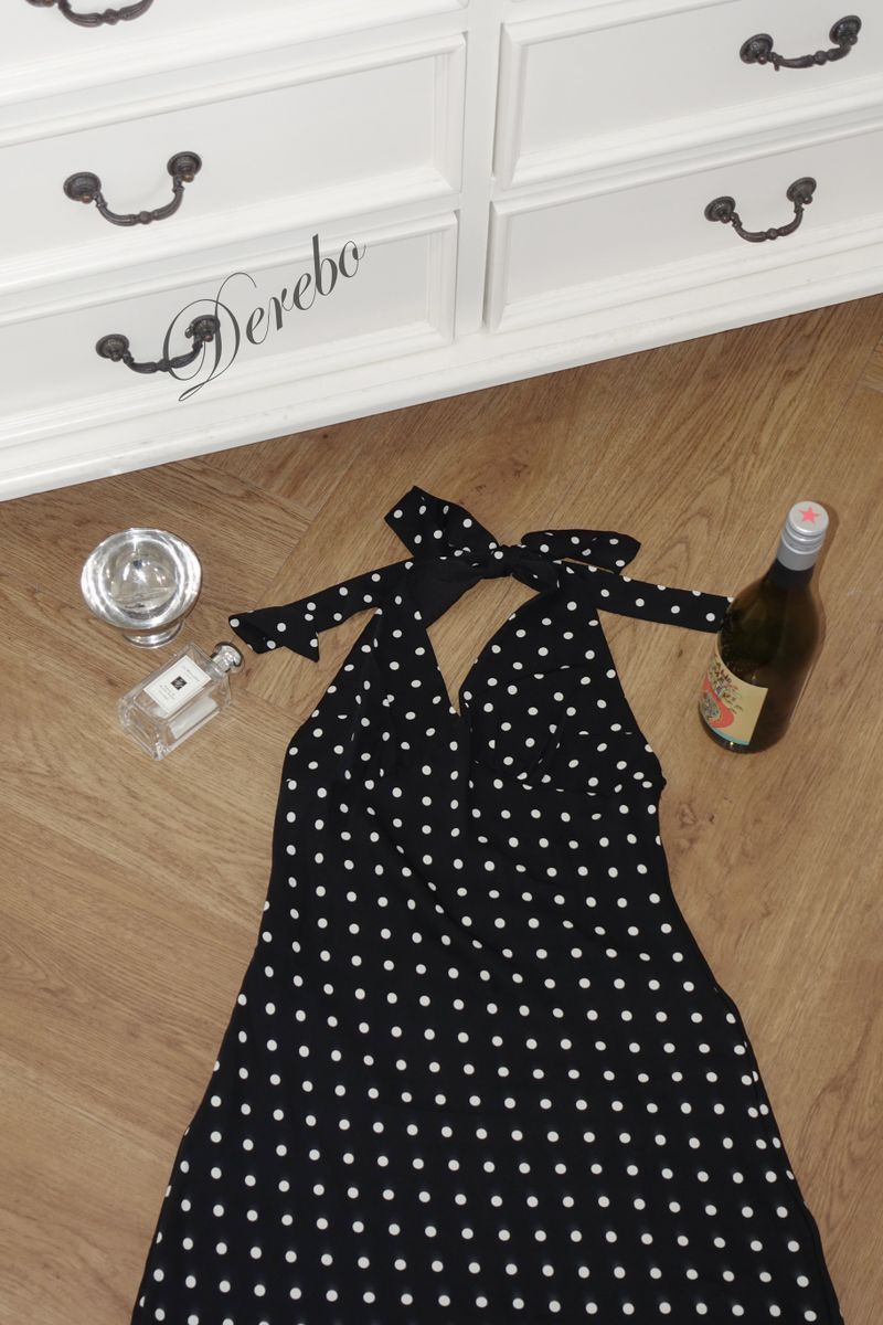 dot halter-neck sleeveless V-neck long dress