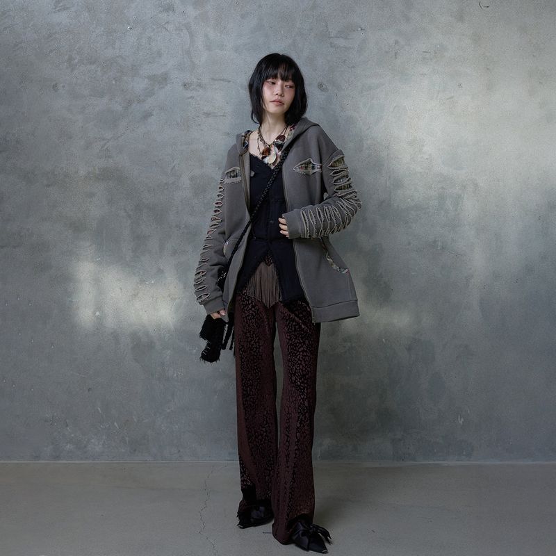 SLASHED CHECK HOODIE: BROWN