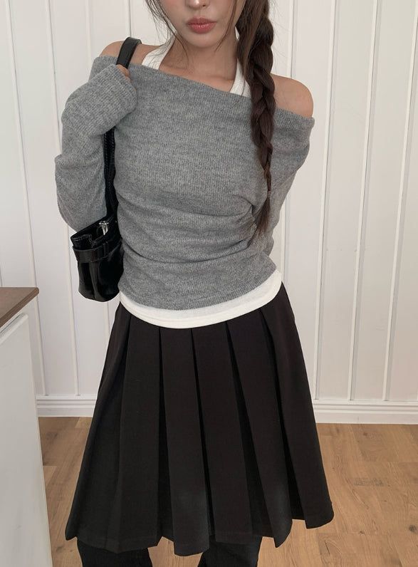 [Belt Set] Scan Wool Pleat Belt Midi Skirt