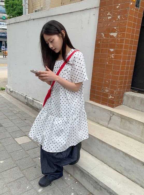 Totomi Dot Shirring Short Sleeve One Piece
