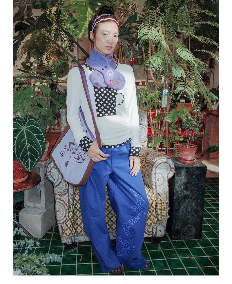 UnsocalNight2025 Original Literary Retro Autumn and Winter プリントブルーストレートマシェパンツ