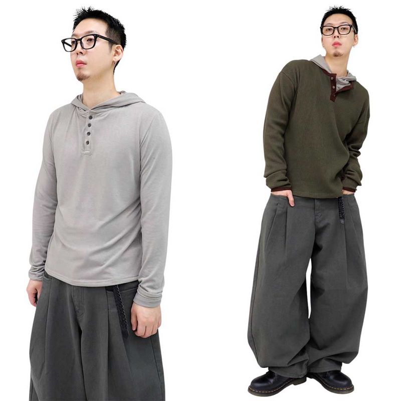 Basic Henley Neck Hooded Sleeve Long Sleeve Tee