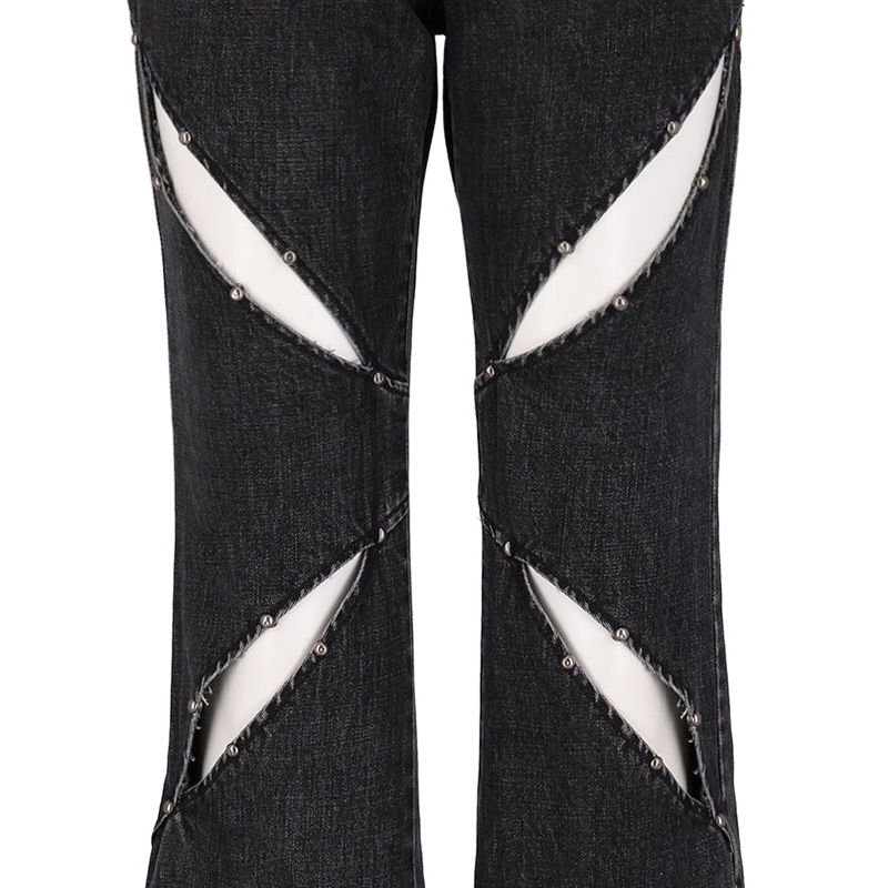 STUD GREY CUTOUT ZIPPER DENIM