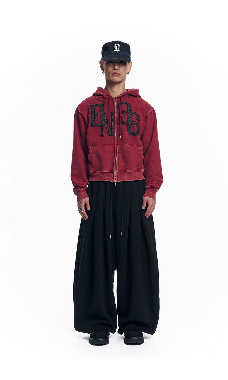 Washed Leather Patch Hooded Zip-Up - Wine