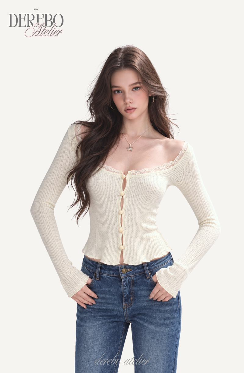 Jacquard square-neck knit long-sleeve cardigan