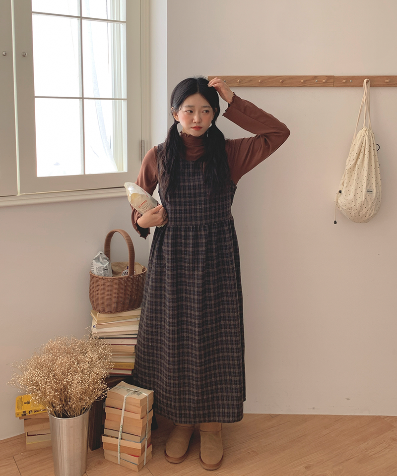 Brownie checkered bustier long skirt sleeveless autumn winter guest look date look 