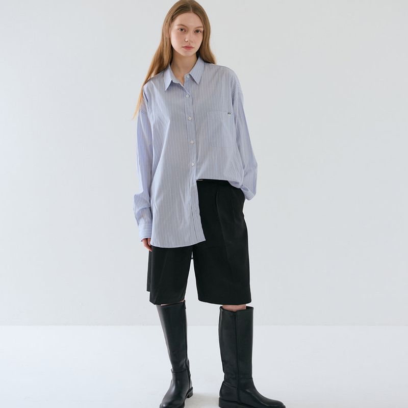 Over-sized Stripe Long Shirts Blue
