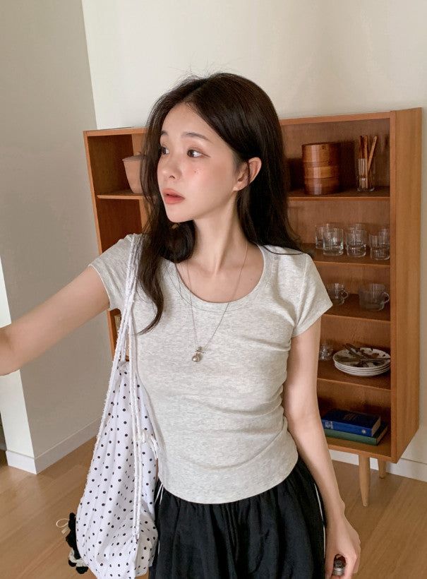Basic Slim Rib U-neck Short Sleeve T-shirt (5color)