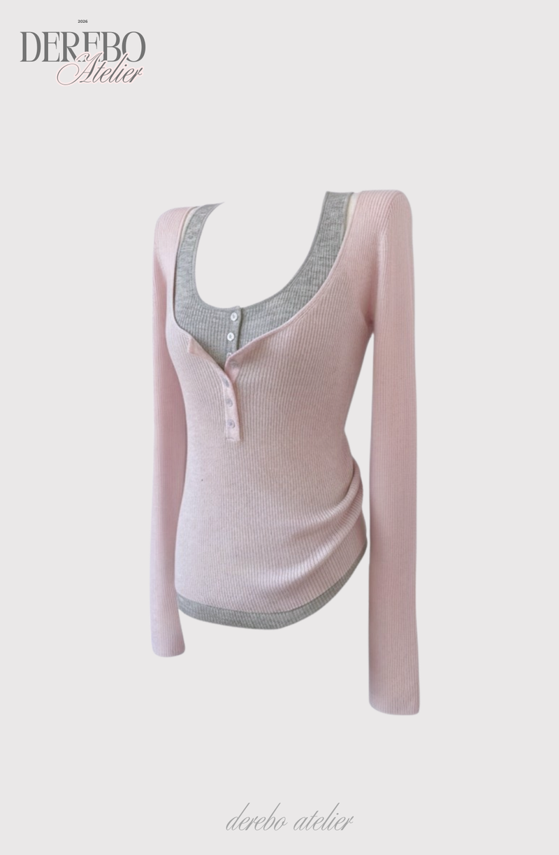 Pink bear ribbed long-sleeved T-shirt