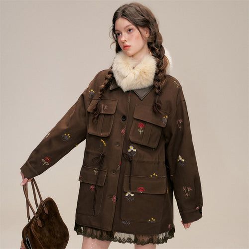 Floral Embroidery Cotton Cargo Jacket