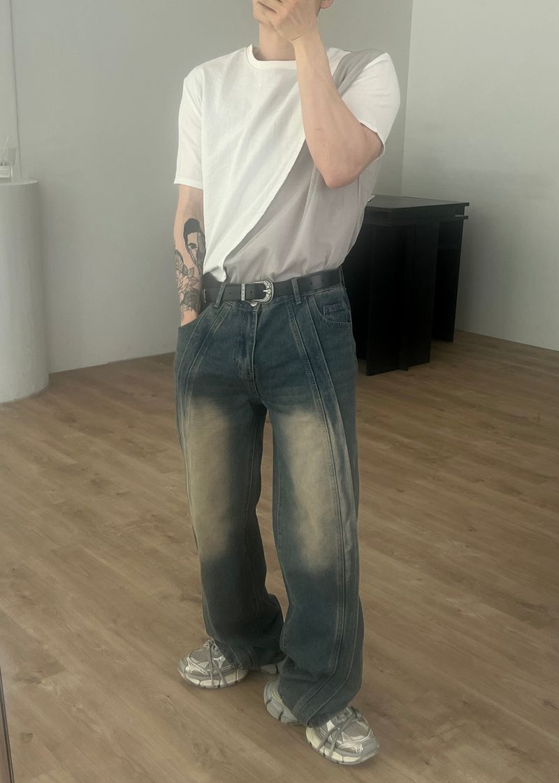 Wave-washed incision wide denim(2colors)