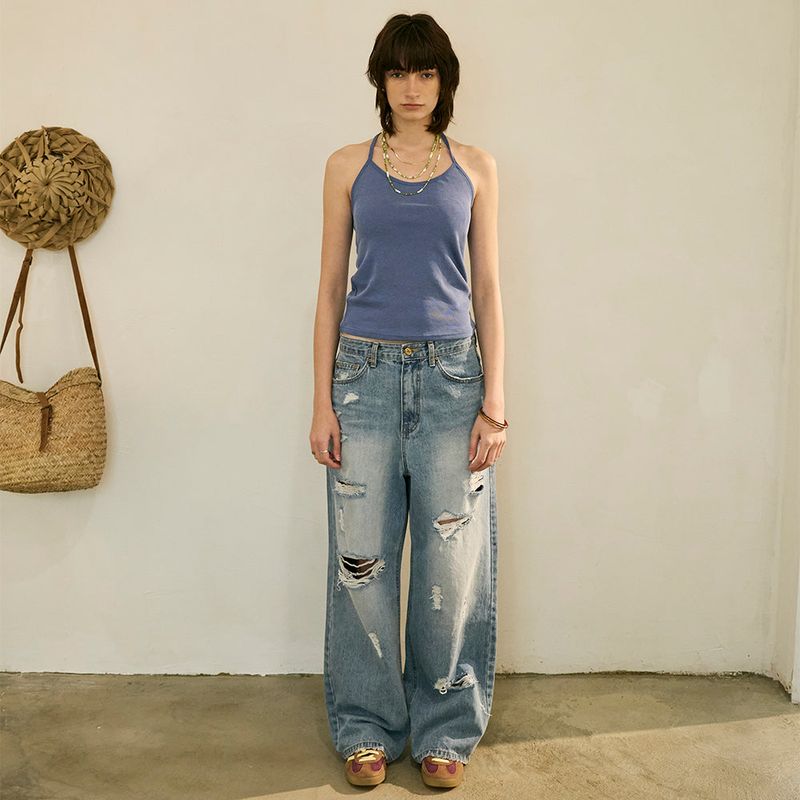 Destroyed Denim Pants Washed Blue