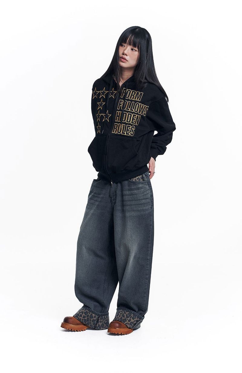 Leopard Cross Patch Roll-Up Denim Pants - Black
