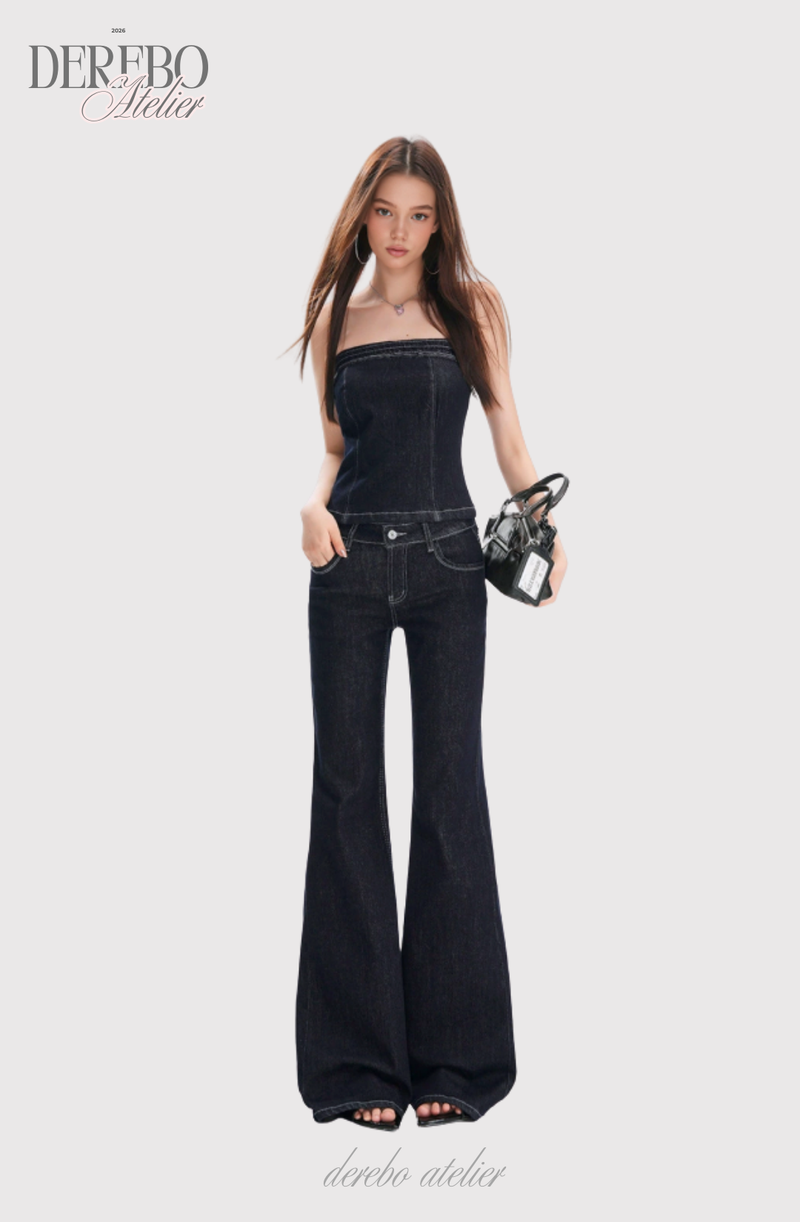 Deep green paper flared long denim pants