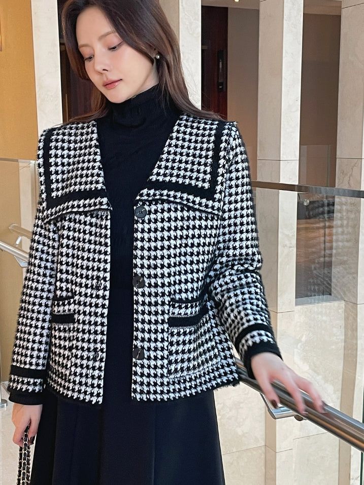 Marron Sailor Collar Hound Check Knit Jacket Cardigan