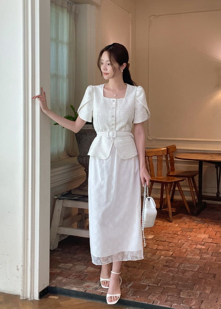 Beno Square Spangled Tulip Tweed Jacket (Belt Set)