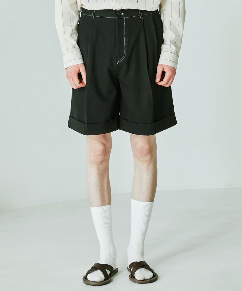 STITCH WIDE TURN UP HALF PANTS BLACK