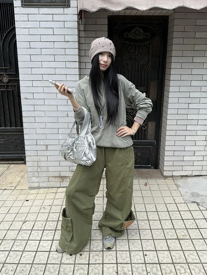 Khaki Cargo Wide Leg Straight Pants