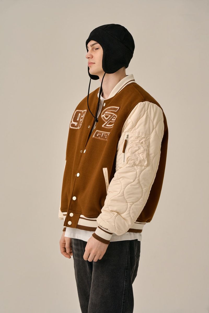 QUILTING POINT VARSITY JACKET - BROWN