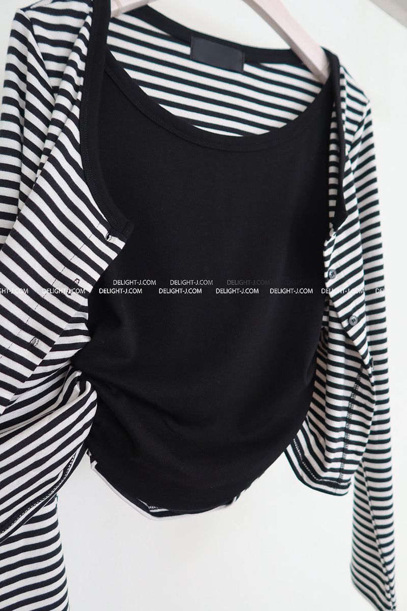 Stripe Layered Shirring Cardigan