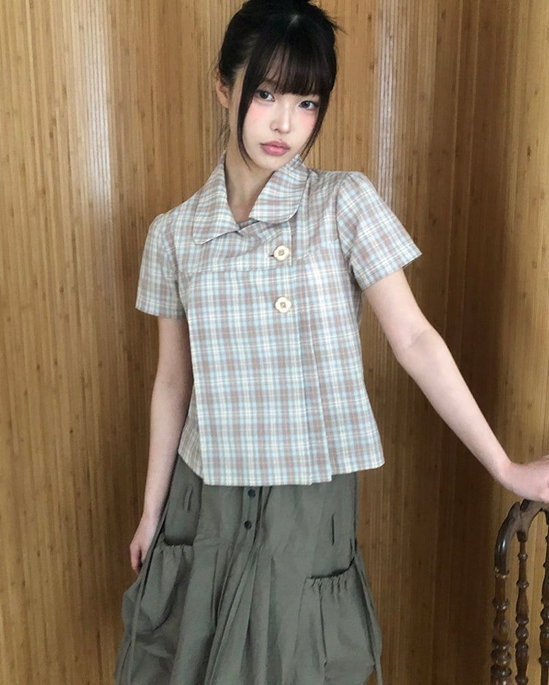 Yuwa Round Collar Check Short Sleeve Blouse