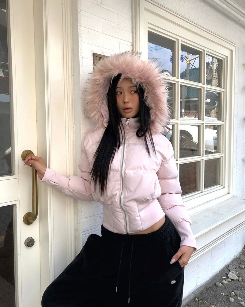 Eru Ribbed-hem Fur Hooded Short Padding Jacket