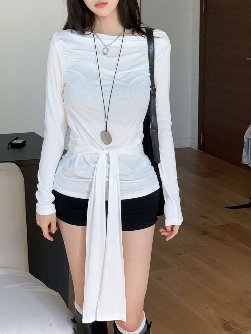 Loving Front Wrap Tie Boat Neck Long Sleeve Tee 
