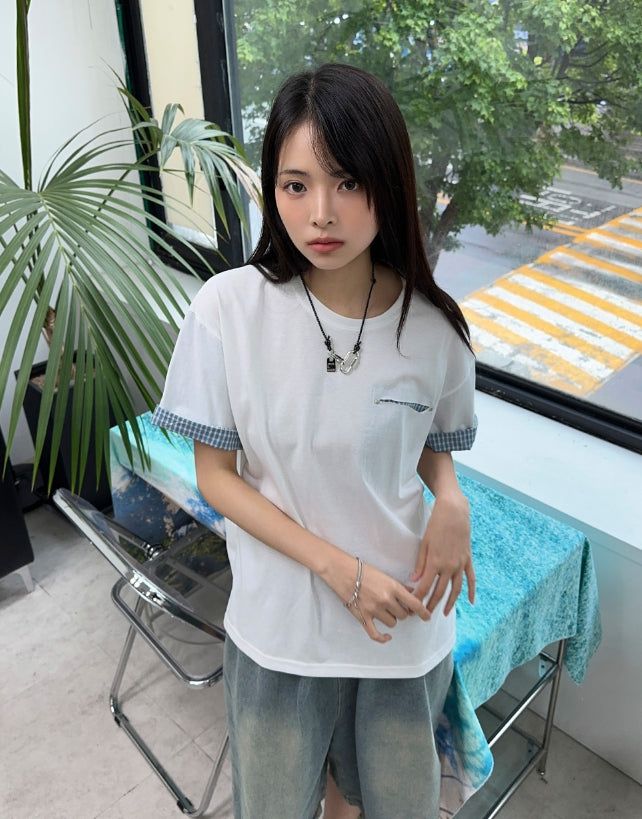 Seren check roll-up short-sleeve tee