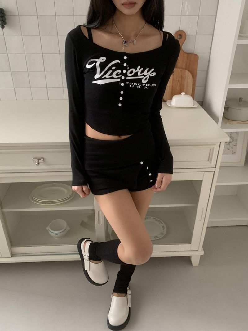 Color Block Button Round Neck Long Sleeve Tee (3 colors)