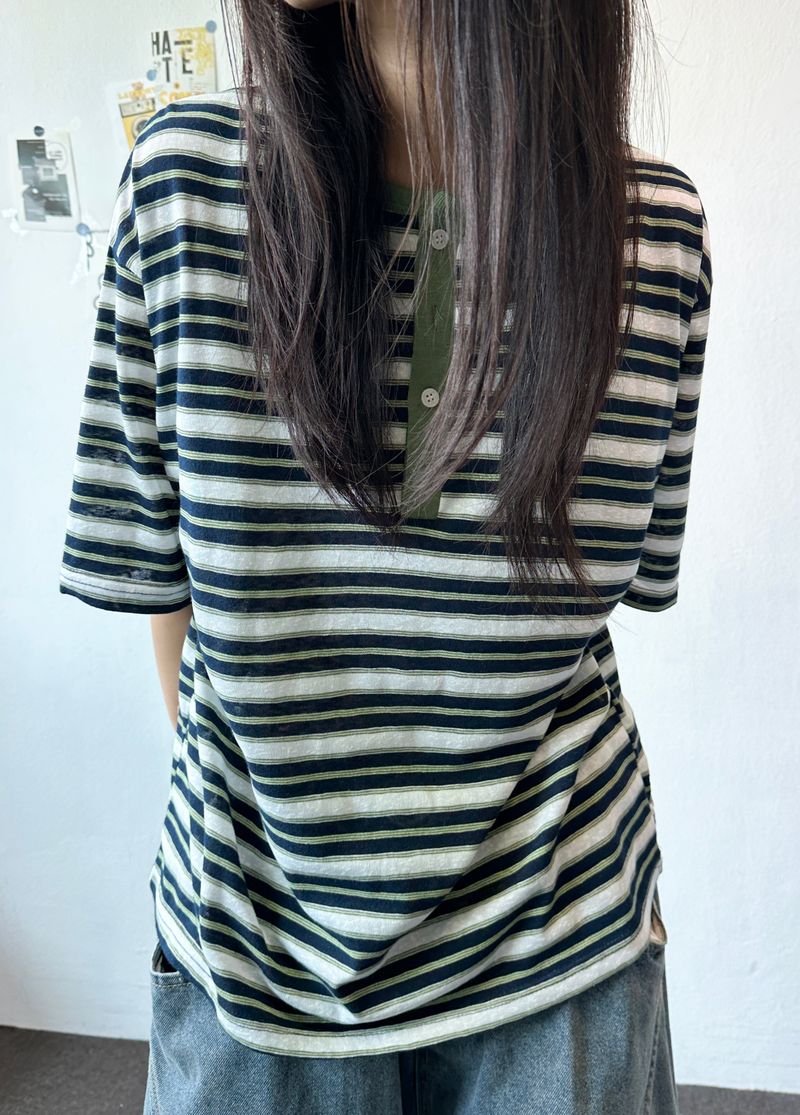 Yuria Cooling Stripe Henley Tee 3color