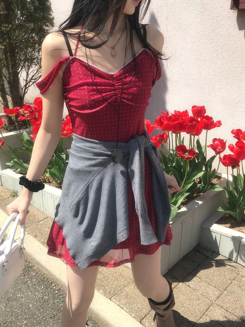 Cherry Kiss Dot Shirring Halter Mini Dress