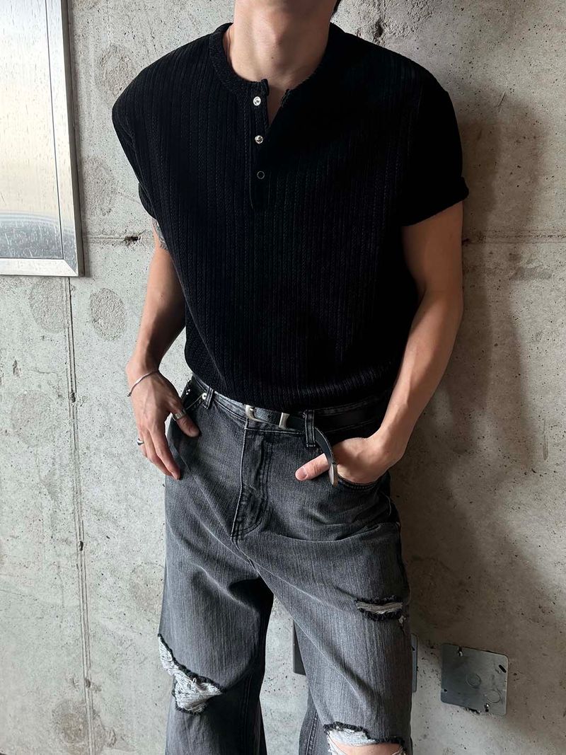Velour henley neck half knit(4color)