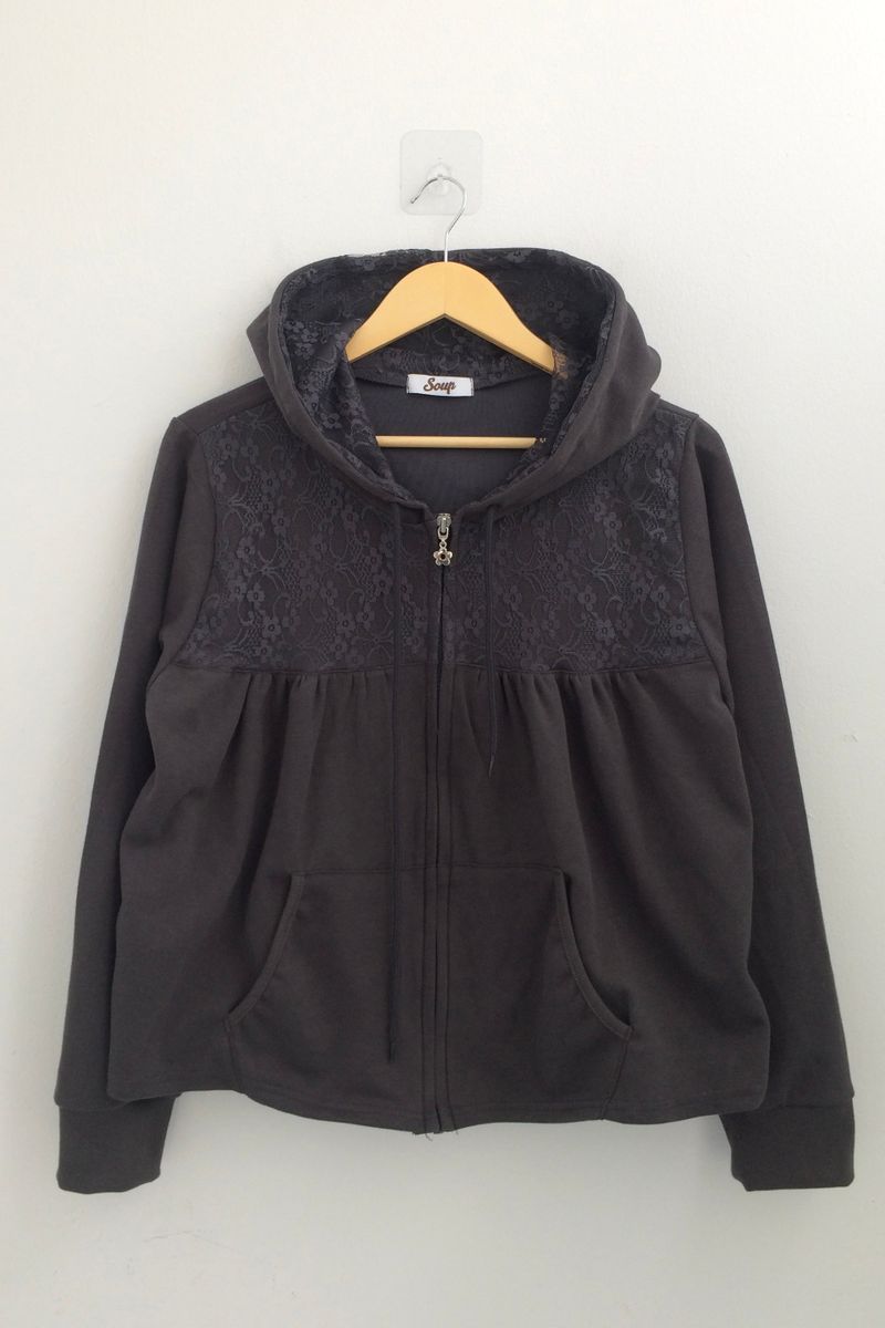 Flower Lace Half-Shirring Hooded Zip-Up