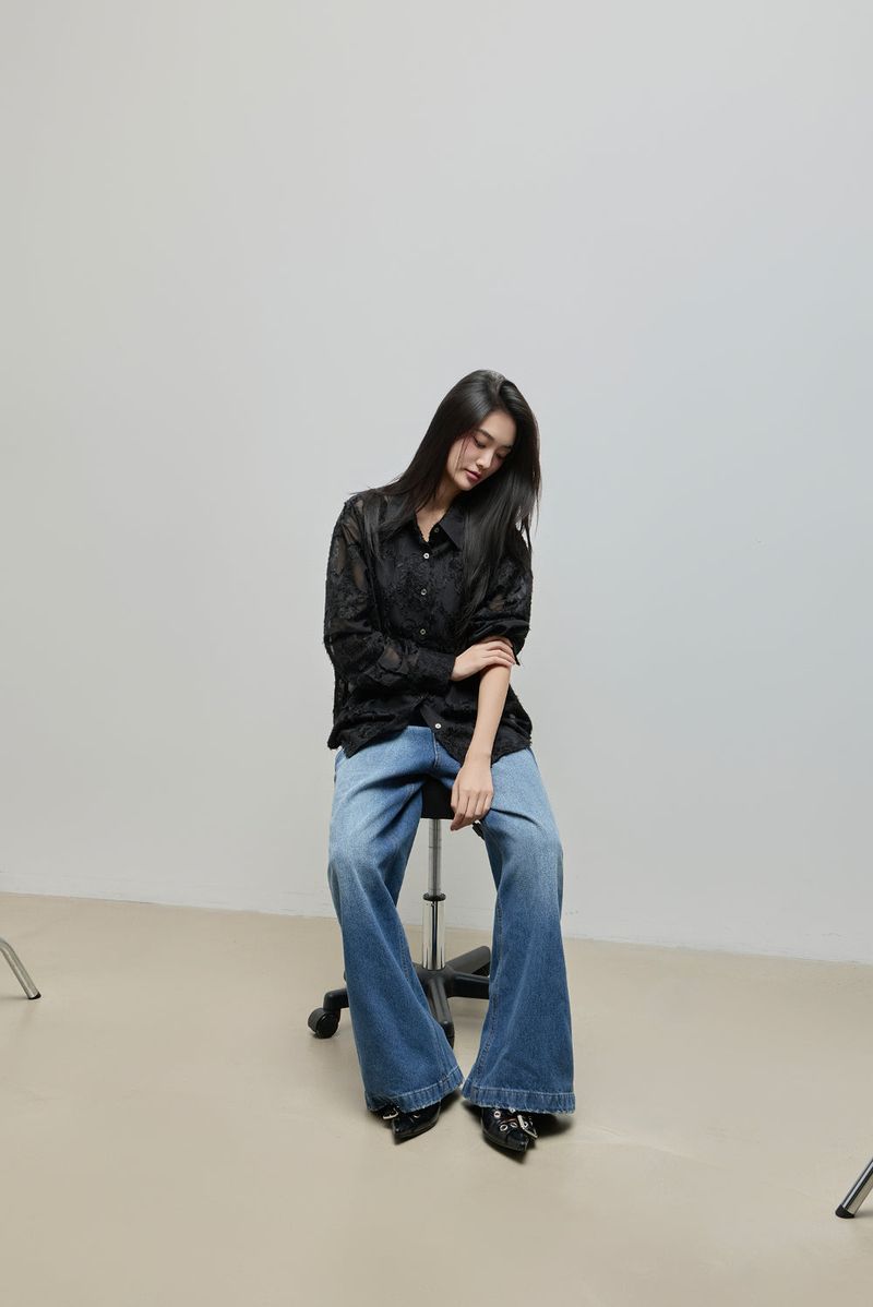 Feather Lace Overfit Shirt_Black