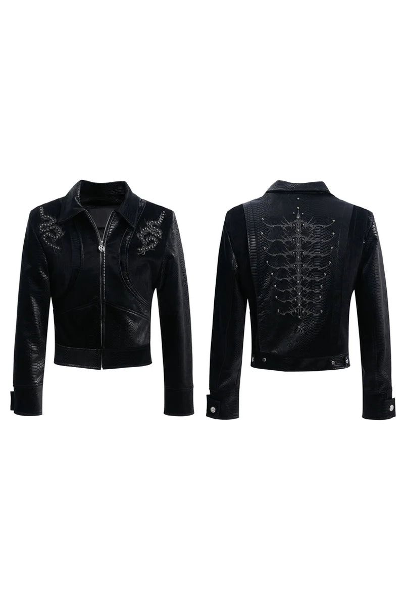 Studded Spine Embroidered PU Leather Jacket