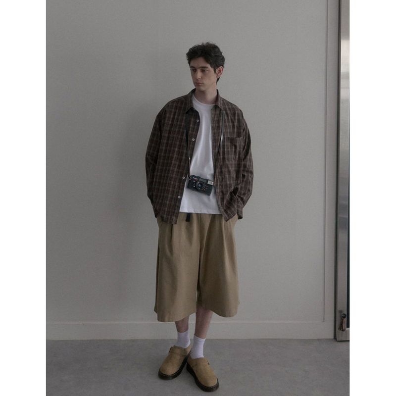 Vintage washing brown check shirts