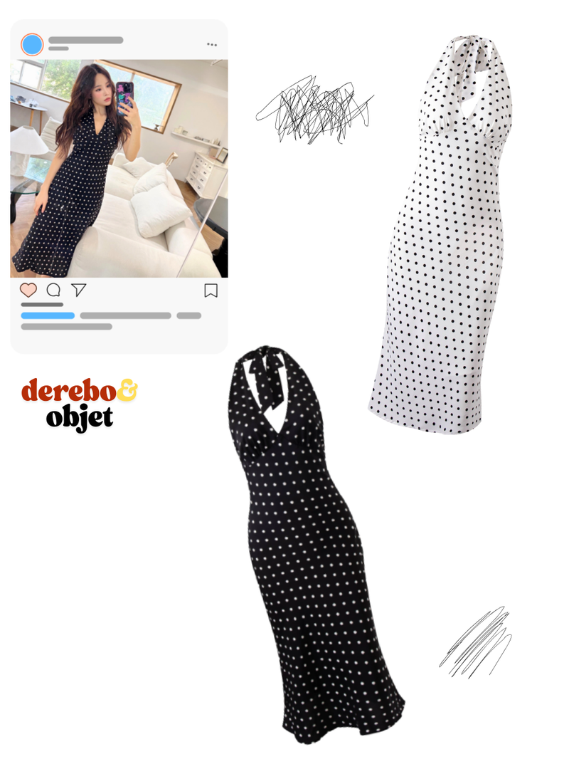 dot halter-neck sleeveless V-neck long dress