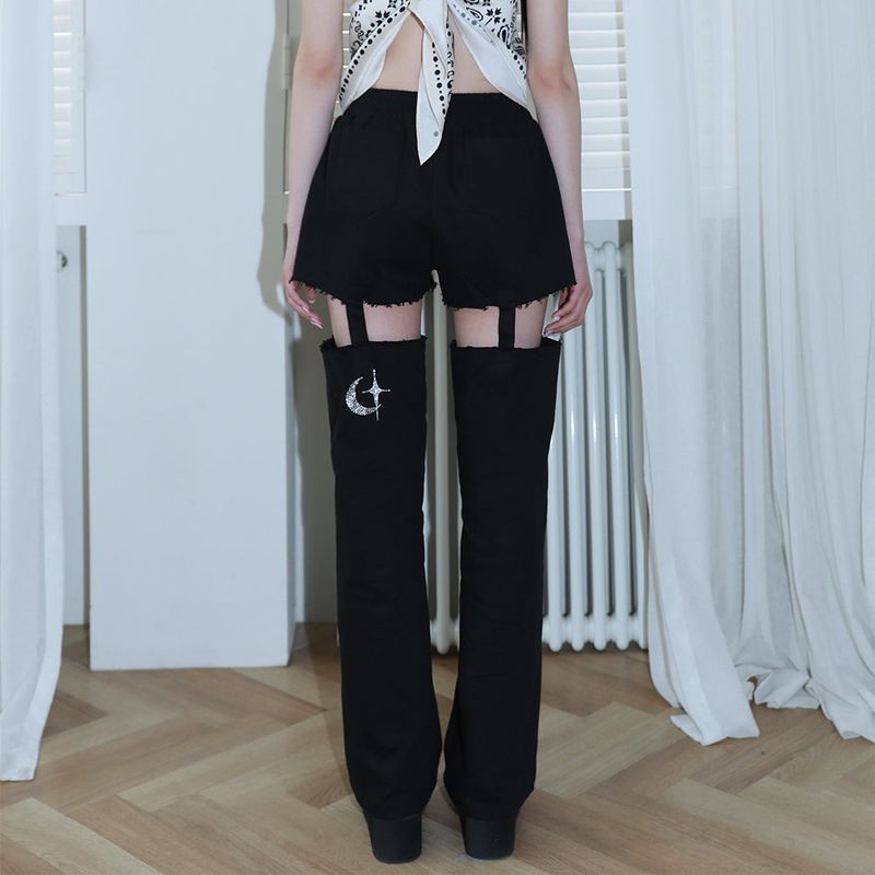 1 1 denim cut out pants - BLACK