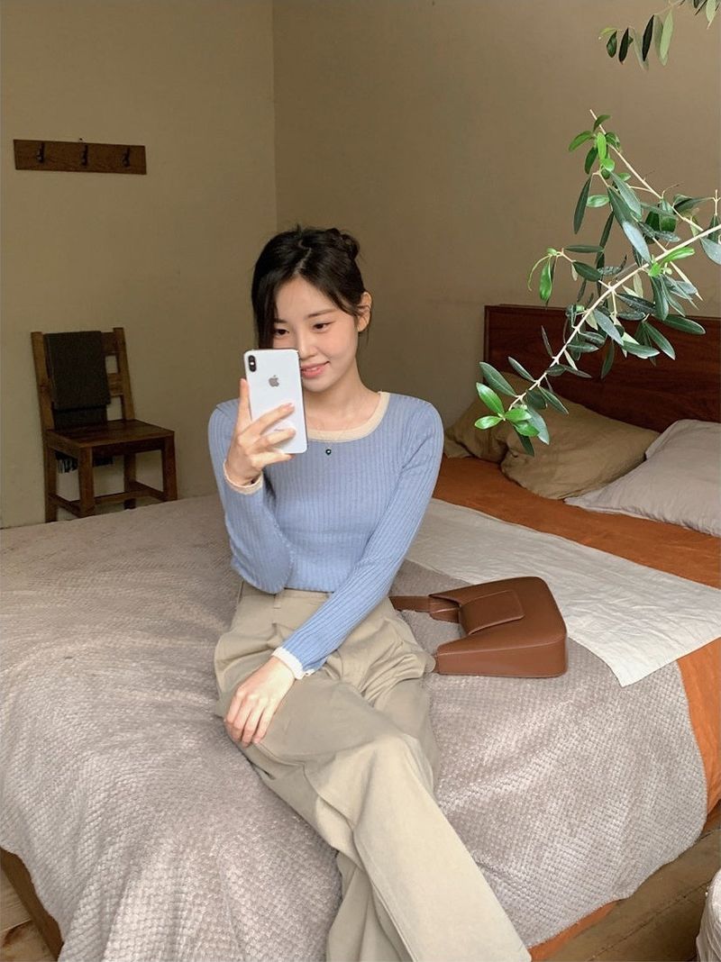 Slim Two Tone U-neck Rib Knit (6color)