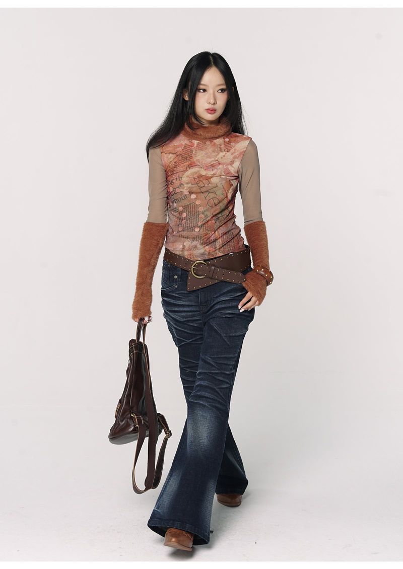 CONFUN Design sense three-dimensional cat whiskers, aged washed flared jeans style