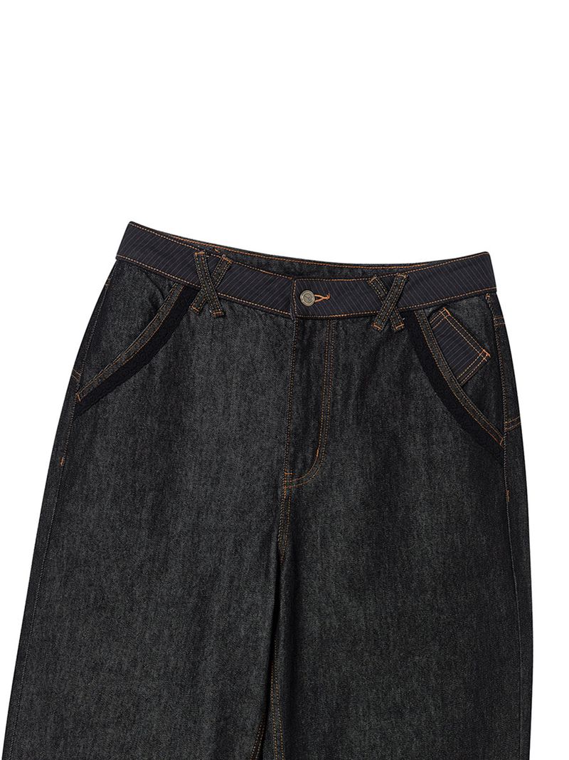 LACE ROLL UP DENIM PANTS BLACK