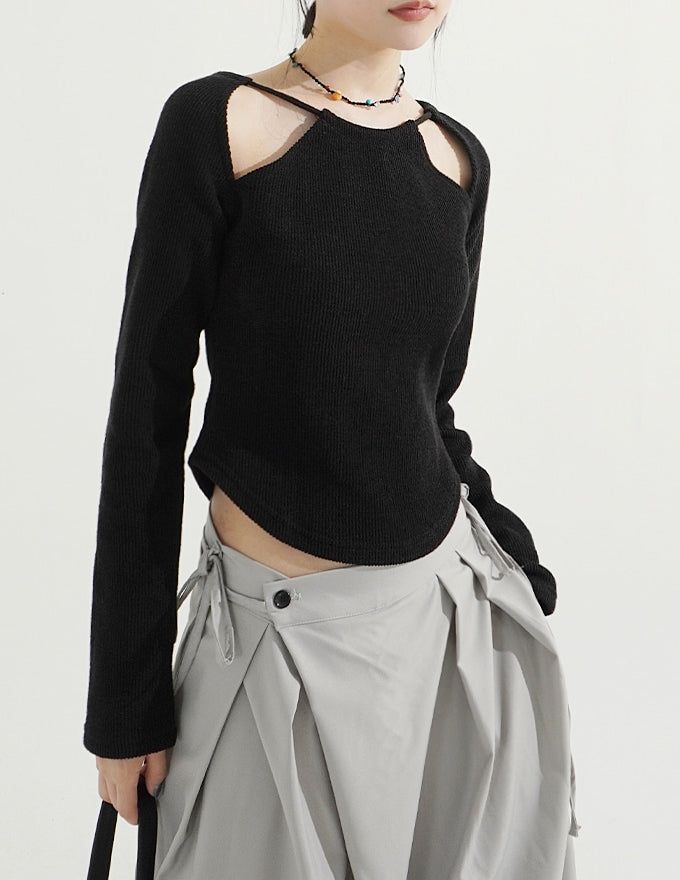 3 Hole String Neckline Ribbed Top