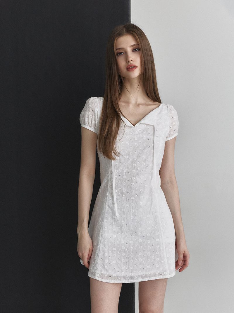 Ribbon flare dress (White)