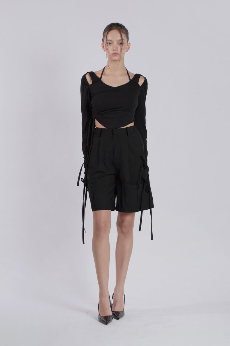 STRAP POCKET BERMUDA PANTS(BLACK)