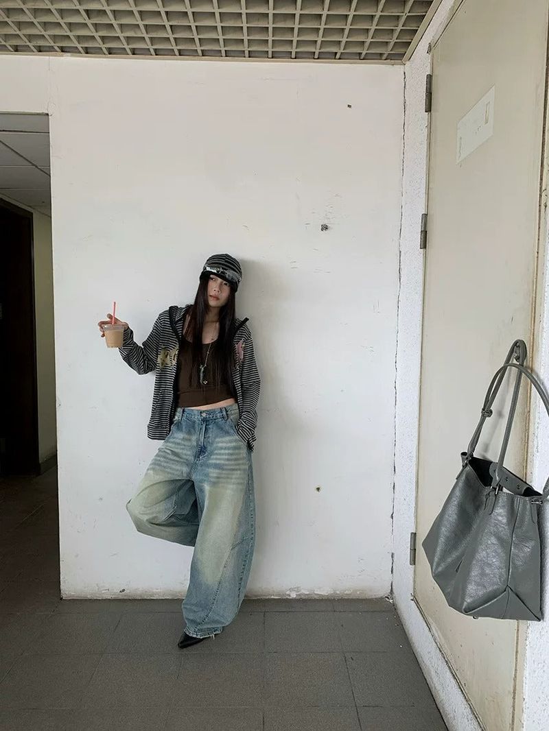 Curved Braided Wide Denim Pants