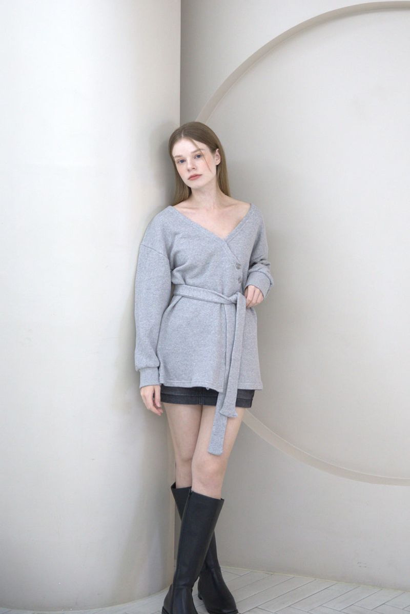 Offshoulder Wrap Strap Cardigan Gray