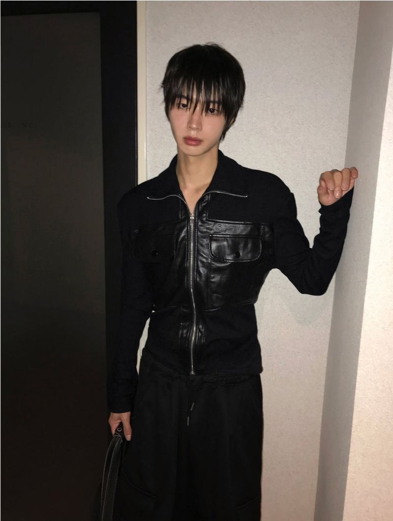 Black Leather Knit Zip-Up