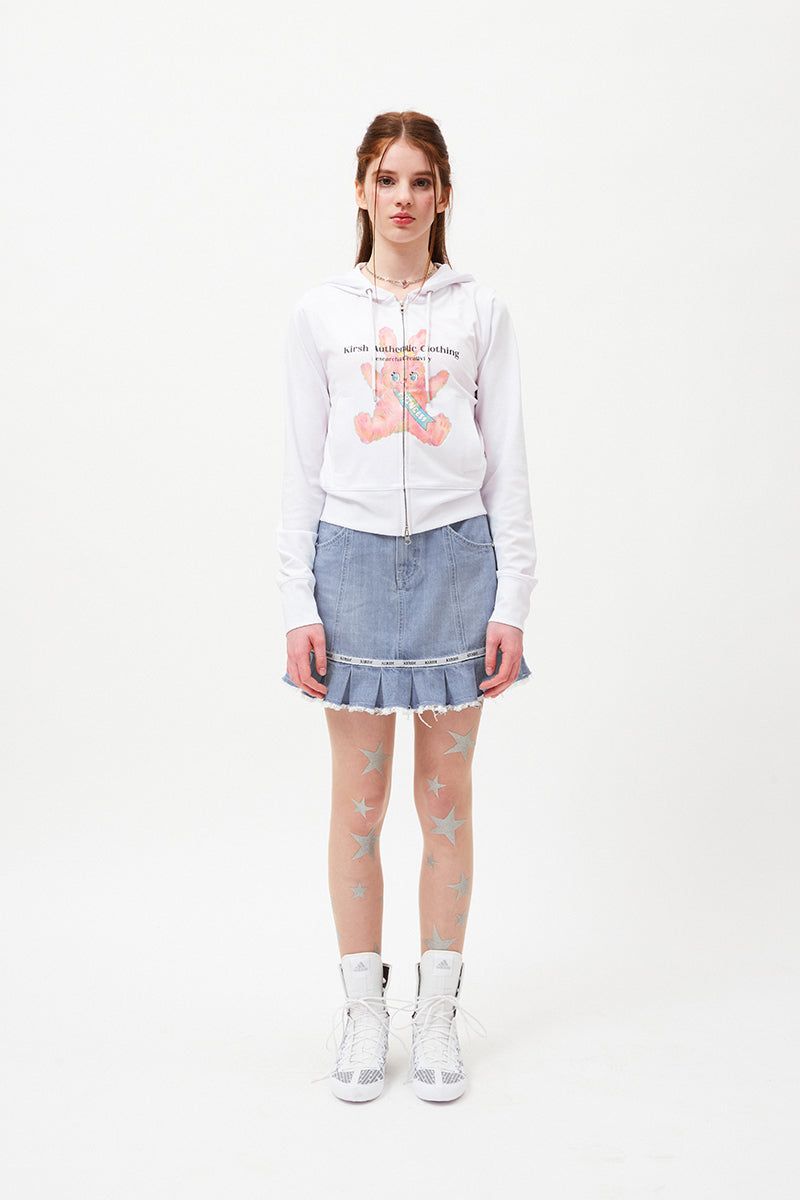 WITTY BUNNY SPLIT GRAPHIC CROP HOODIE ZIP UP [WHITE]