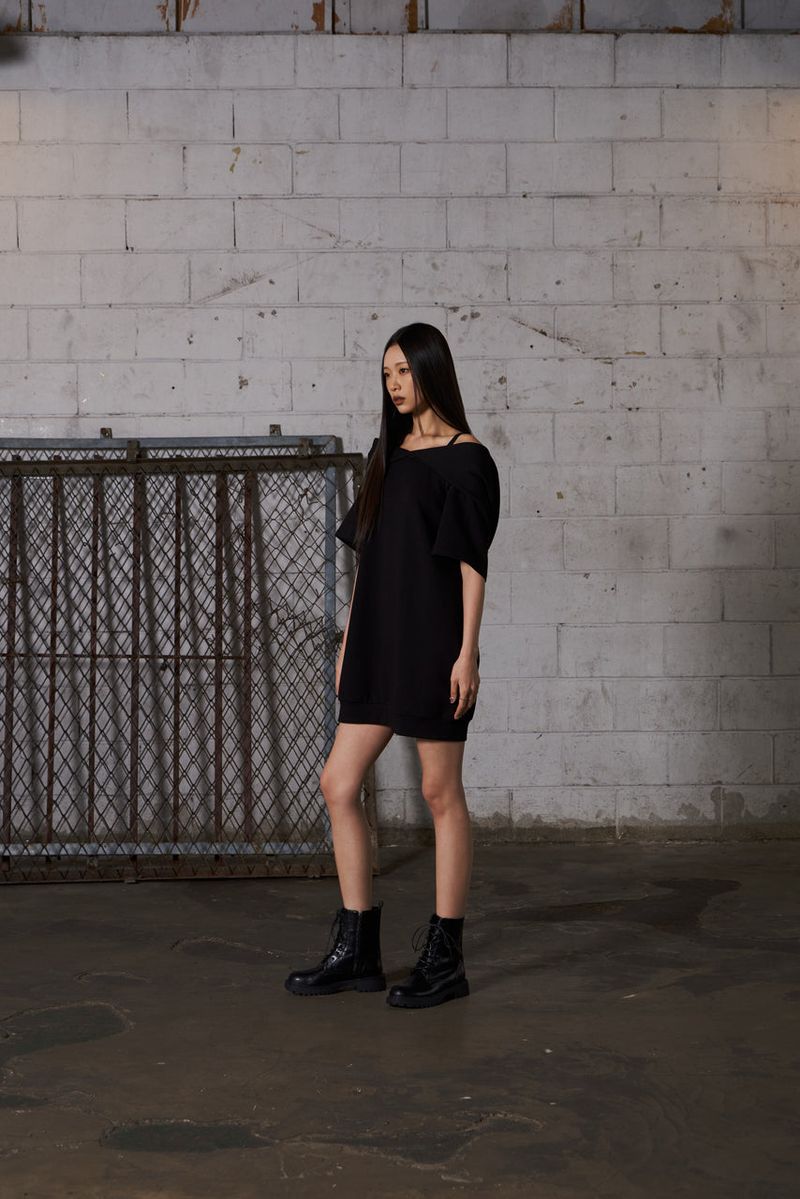2Way Big Hood Off-Shoulder Mini Dress - Black