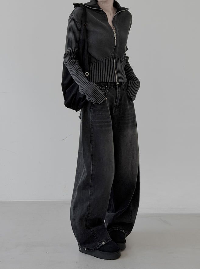 Hard high-neck washed knit zip-up